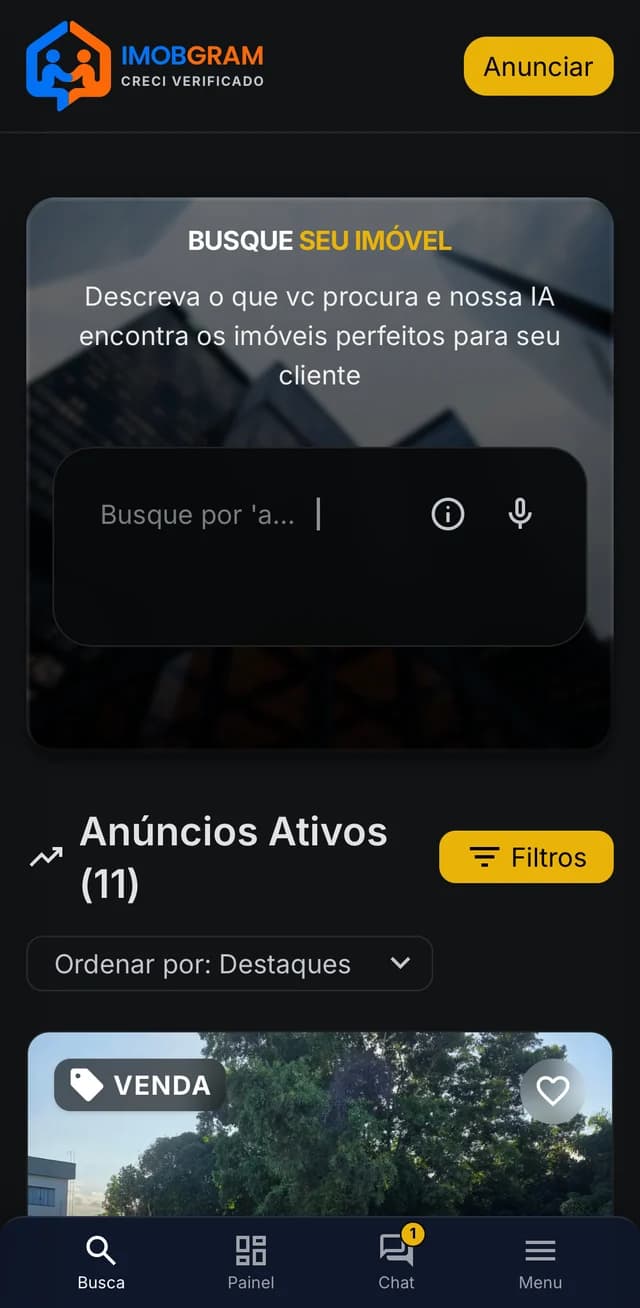 Busca de imóveis com inteligência artificial no app Imobgram