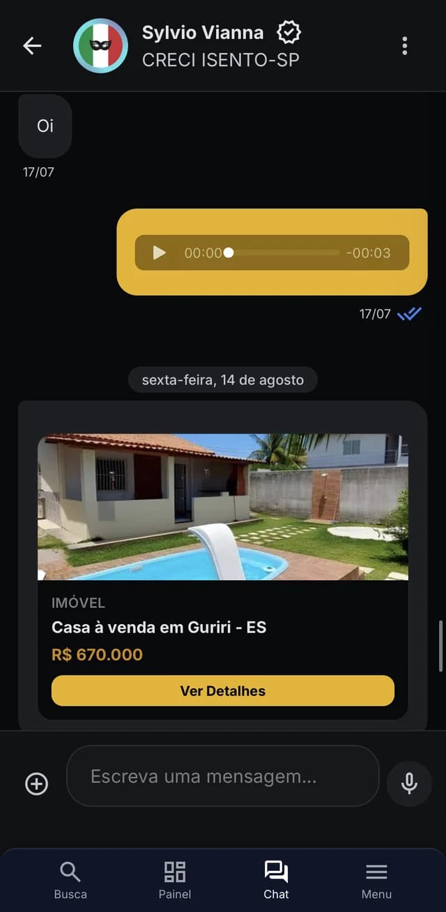 Chat com áudio e imóvel compartilhado no app Imobgram