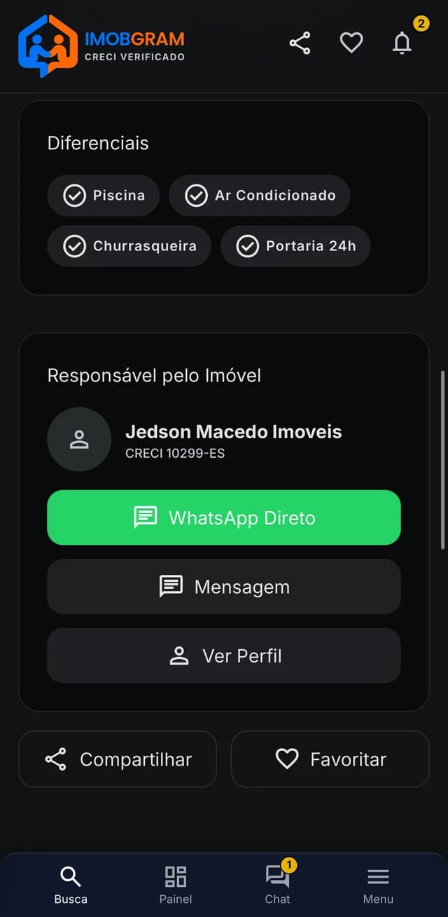 Diferenciais do imóvel e responsável no app Imobgram