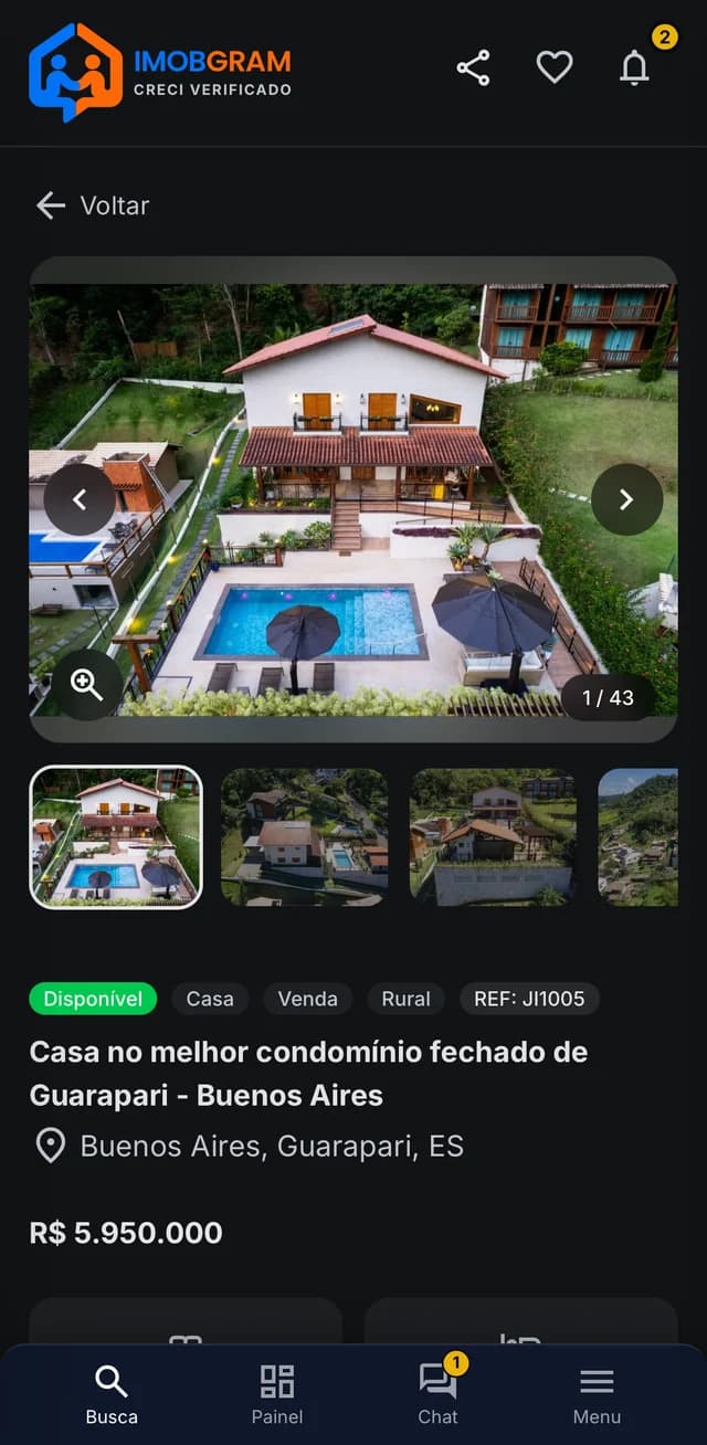 Ficha completa do imóvel com galeria de fotos no app Imobgram
