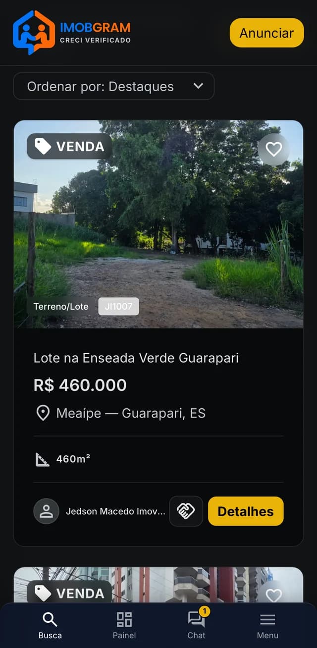 Mural de imóveis disponíveis para parceria no app Imobgram